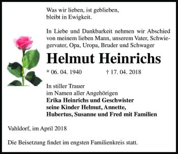 Traueranzeige von Helmut Heinrichs  von Magdeburger Volksstimme