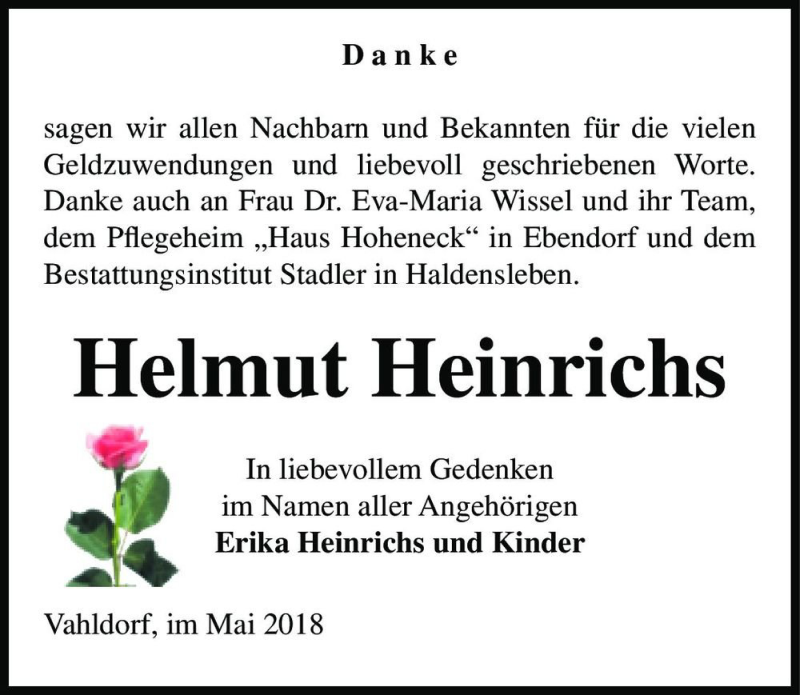  Traueranzeige für Helmut Heinrichs  vom 19.05.2018 aus Magdeburger Volksstimme