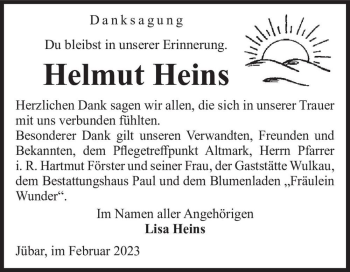 Traueranzeige von Helmut Heins  von Magdeburger Volksstimme