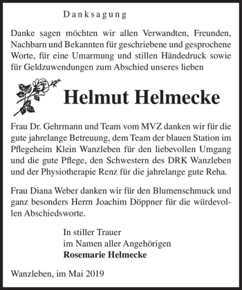 Traueranzeige von Helmut Helmecke  von Magdeburger Volksstimme