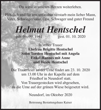 Traueranzeige von Helmut Hentschel  von Magdeburger Volksstimme