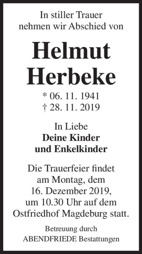  Traueranzeige für Helmut Herbeke  vom 07.12.2019 aus Magdeburger Volksstimme