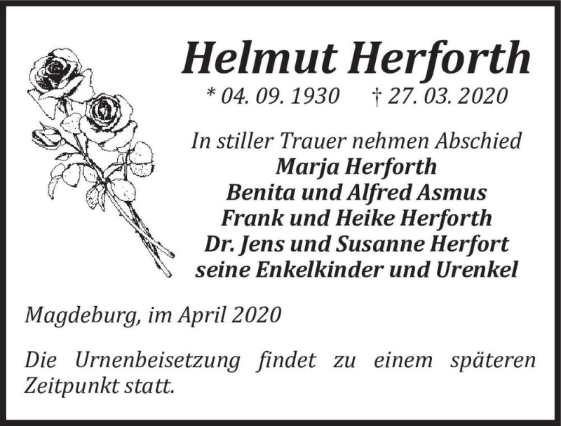  Traueranzeige für Helmut Herforth  vom 11.04.2020 aus Magdeburger Volksstimme