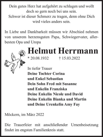 Traueranzeige von Helmut Herrmann  von Magdeburger Volksstimme