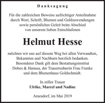 Traueranzeige von Helmut Hesse  von Magdeburger Volksstimme