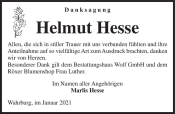 Traueranzeige von Helmut Hesse  von Magdeburger Volksstimme