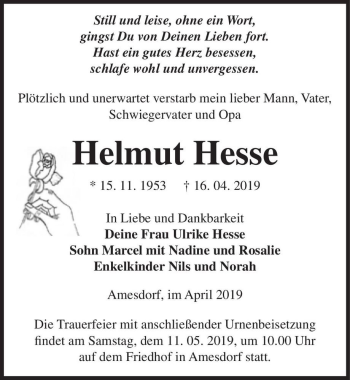 Traueranzeige von Helmut Hesse  von Magdeburger Volksstimme