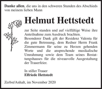 Traueranzeige von Helmut Hettstedt  von Magdeburger Volksstimme
