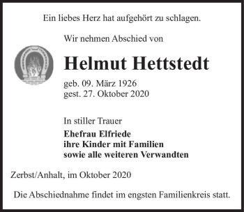 Traueranzeige von Helmut Hettstedt  von Magdeburger Volksstimme