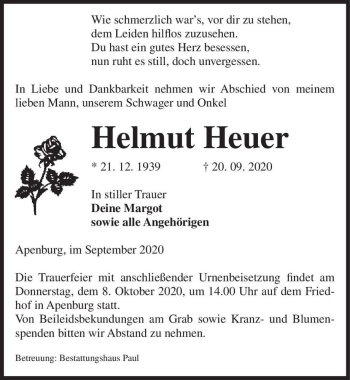 Traueranzeige von Helmut Heuer  von Magdeburger Volksstimme