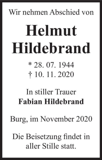Traueranzeige von Helmut Hildebrand  von Magdeburger Volksstimme