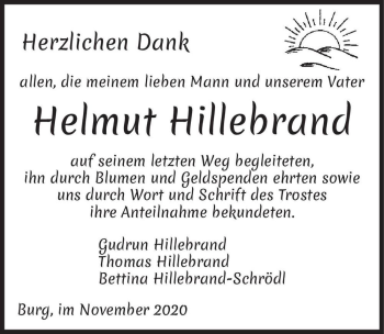 Traueranzeige von Helmut Hillebrand  von Magdeburger Volksstimme
