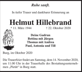 Traueranzeige von Helmut Hillebrand  von Magdeburger Volksstimme