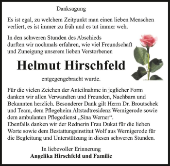 Traueranzeige von Helmut Hirschfeld  von Magdeburger Volksstimme