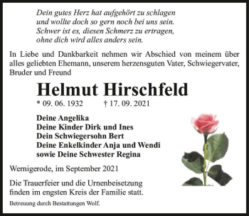 Traueranzeige von Helmut Hirschfeld  von Magdeburger Volksstimme