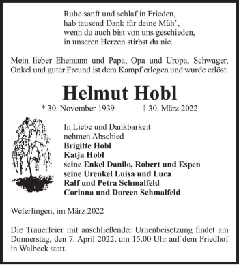 Traueranzeige von Helmut Hobl  von Magdeburger Volksstimme