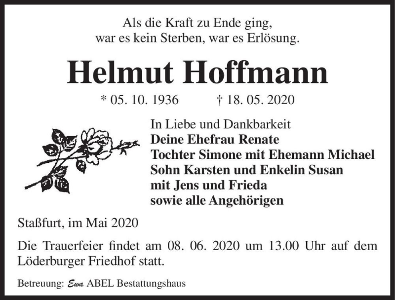  Traueranzeige für Helmut Hoffmann  vom 30.05.2020 aus Magdeburger Volksstimme