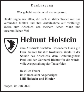Traueranzeige von Helmut Holstein  von Magdeburger Volksstimme