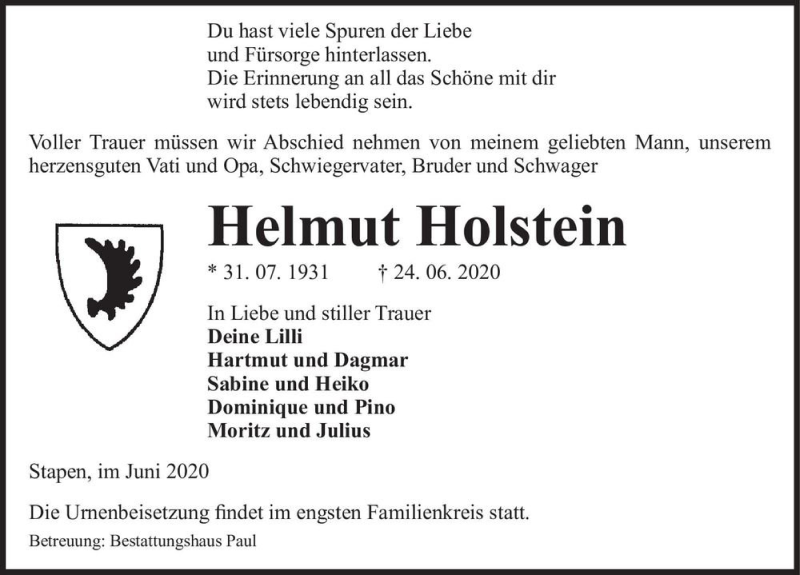  Traueranzeige für Helmut Holstein  vom 27.06.2020 aus Magdeburger Volksstimme