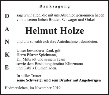 Traueranzeige von Helmut Holze  von Magdeburger Volksstimme