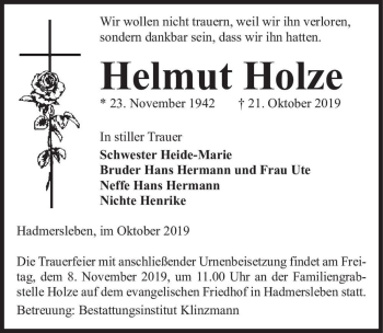 Traueranzeige von Helmut Holze  von Magdeburger Volksstimme