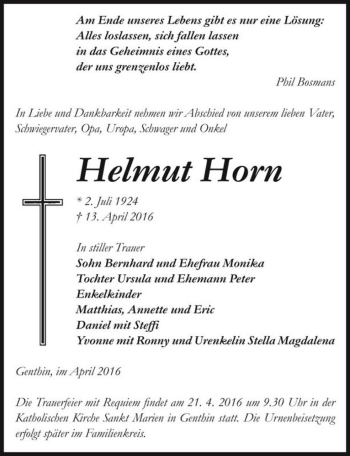 Traueranzeige von Helmut Horn  von Magdeburger Volksstimme