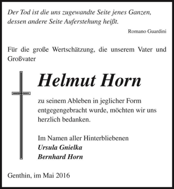 Traueranzeige von Helmut Horn  von Magdeburger Volksstimme