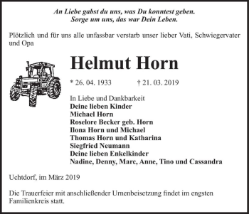 Traueranzeige von Helmut Horn  von Magdeburger Volksstimme