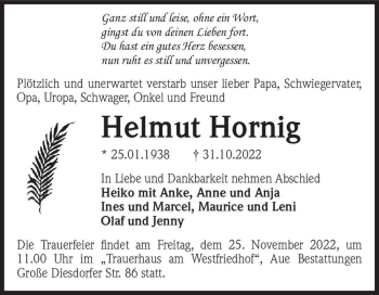 Traueranzeige von Helmut Hornig  von Magdeburger Volksstimme