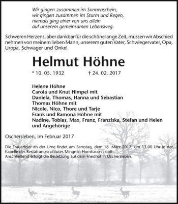 Traueranzeige von Helmut Höhne  von Magdeburger Volksstimme