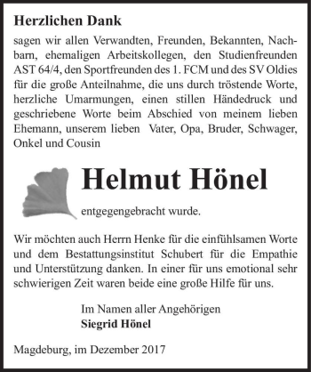 Traueranzeige von Helmut Hönel  von Magdeburger Volksstimme