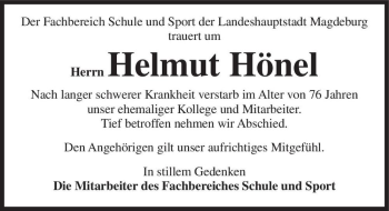 Traueranzeige von Helmut Hönel  von Magdeburger Volksstimme