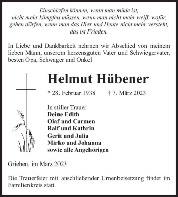 Traueranzeige von Helmut Hübener  von Magdeburger Volksstimme