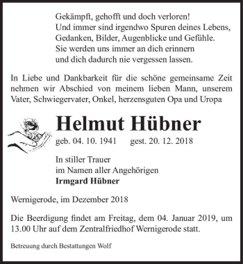 Traueranzeige von Helmut Hübner  von Magdeburger Volksstimme