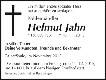Traueranzeige von Helmut Jahn  von Magdeburger Volksstimme