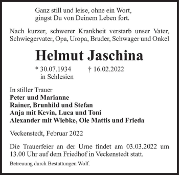 Traueranzeige von Helmut Jaschina  von Magdeburger Volksstimme