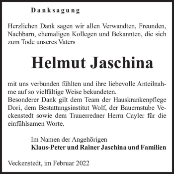 Traueranzeige von Helmut Jaschina  von Magdeburger Volksstimme