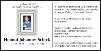 Traueranzeige von Helmut Johannes Schick  von Magdeburger Volksstimme