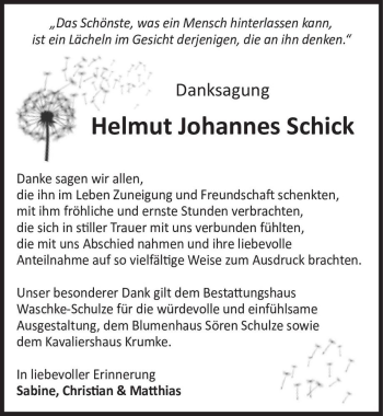 Traueranzeige von Helmut Johannes Schick  von Magdeburger Volksstimme