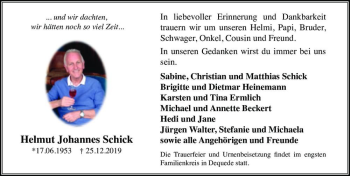 Traueranzeige von Helmut Johannes Schick  von Magdeburger Volksstimme