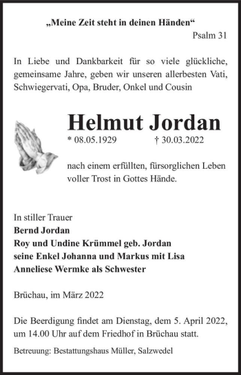 Traueranzeige von Helmut Jordan  von Magdeburger Volksstimme