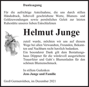 Traueranzeige von Helmut Junge  von Magdeburger Volksstimme