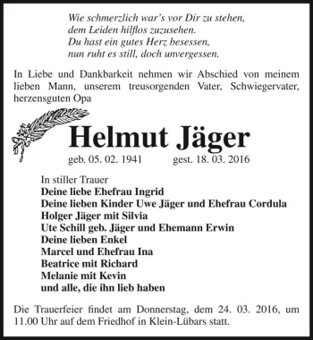 Traueranzeige von Helmut Jäger  von Magdeburger Volksstimme