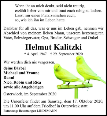 Traueranzeige von Helmut Kalitzki  von Magdeburger Volksstimme