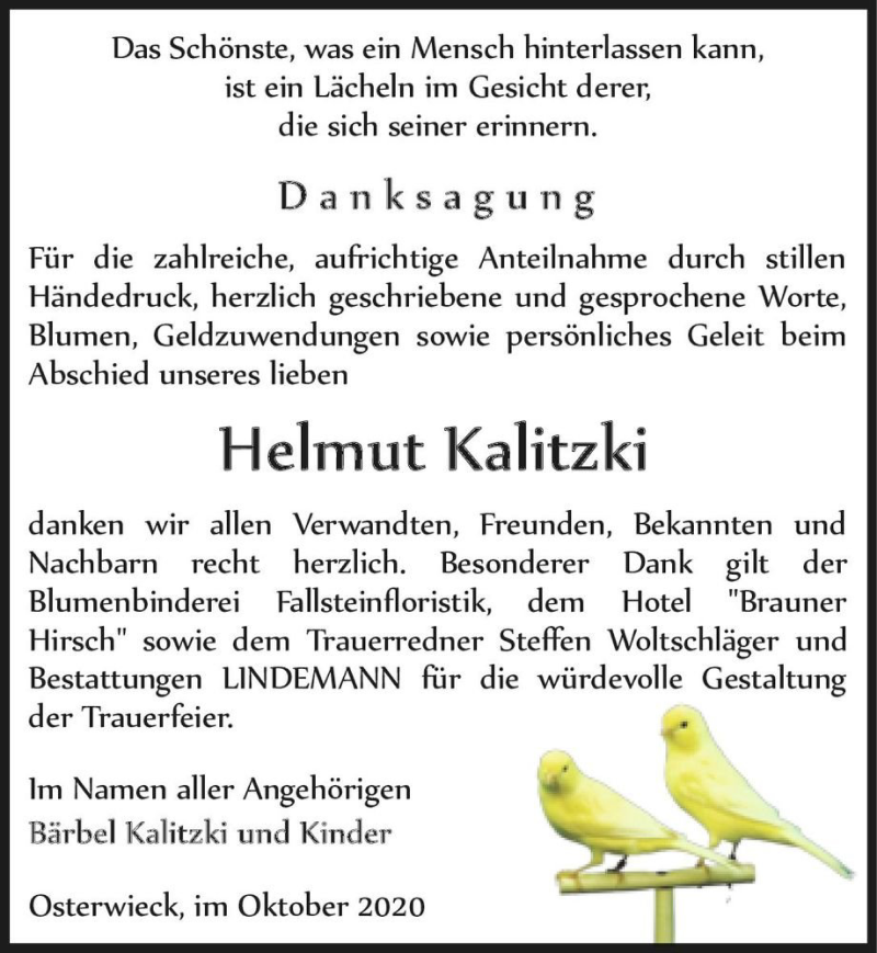  Traueranzeige für Helmut Kalitzki  vom 24.10.2020 aus Magdeburger Volksstimme