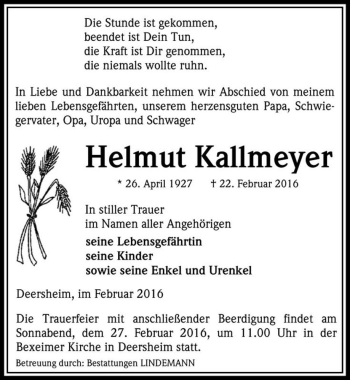 Traueranzeige von Helmut Kallmeyer  von Magdeburger Volksstimme