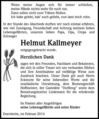 Traueranzeige von Helmut Kallmeyer  von Magdeburger Volksstimme