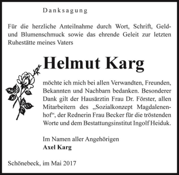 Traueranzeige von Helmut Karg  von Magdeburger Volksstimme