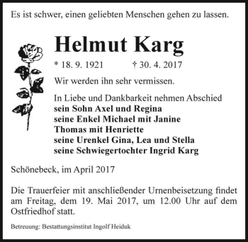 Traueranzeige von Helmut Karg  von Magdeburger Volksstimme