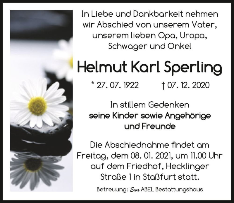  Traueranzeige für Helmut Karl Sperling  vom 19.12.2020 aus Magdeburger Volksstimme